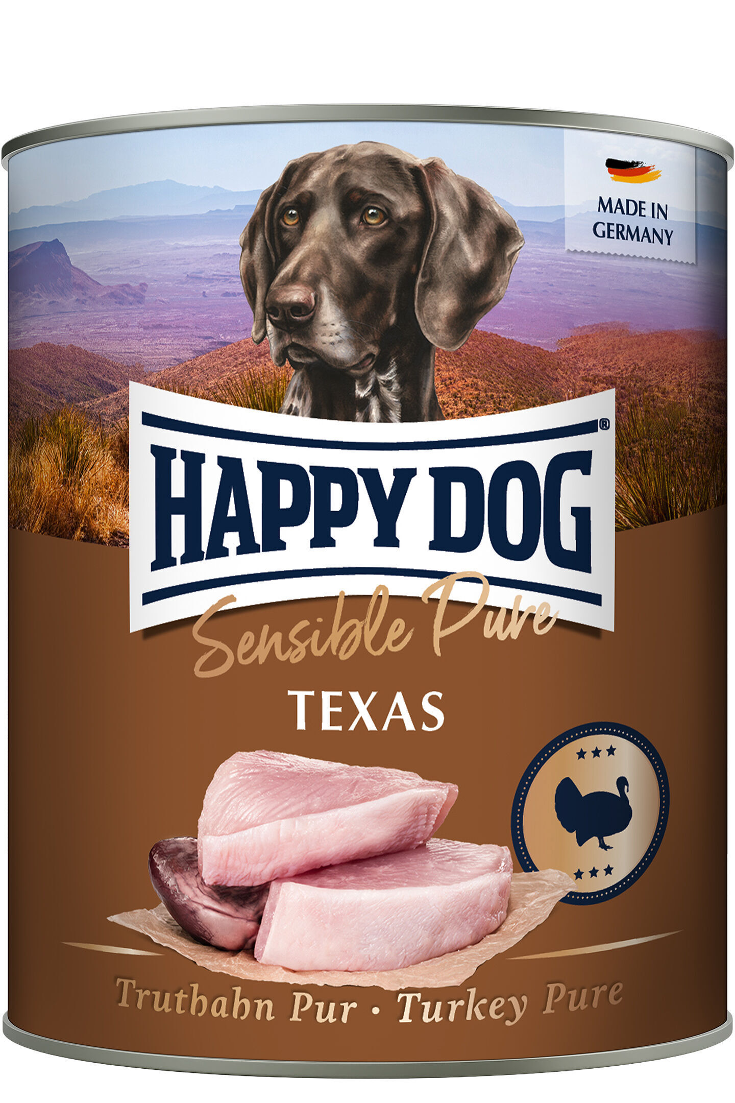 Hundefutterdose mit einem Hund vorne und Landschaft im Hintergrund. Text: "HAPPY DOG Sensible Pure TEXAS, Truthahn Pur, Made in Germany."