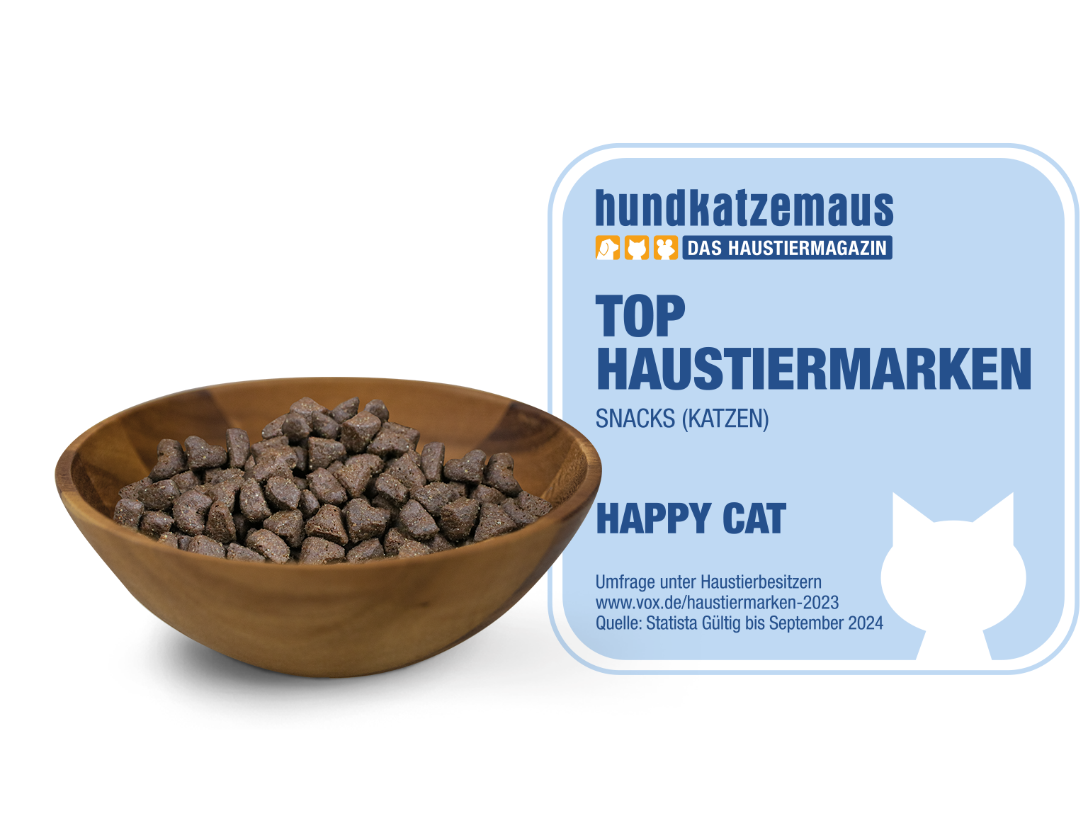 Holzschälchen mit Katzensnacks in Herzform und daneben das hundkatzemaus-Siegel zu den Top Haustiermarken