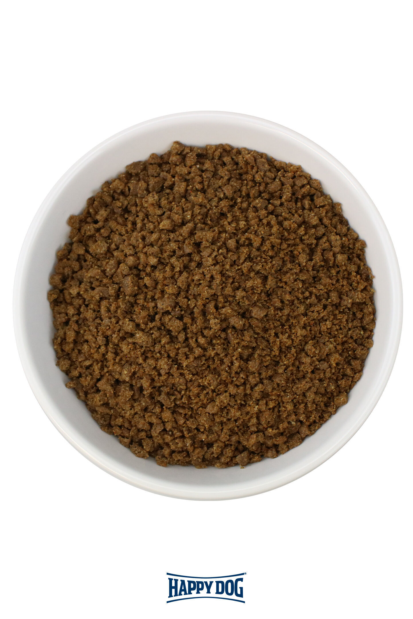 Eine weiße Schale gefüllt mit braunen, körnigen Pellets als Hundefutter, darunter das Markenlogo von Happydog.