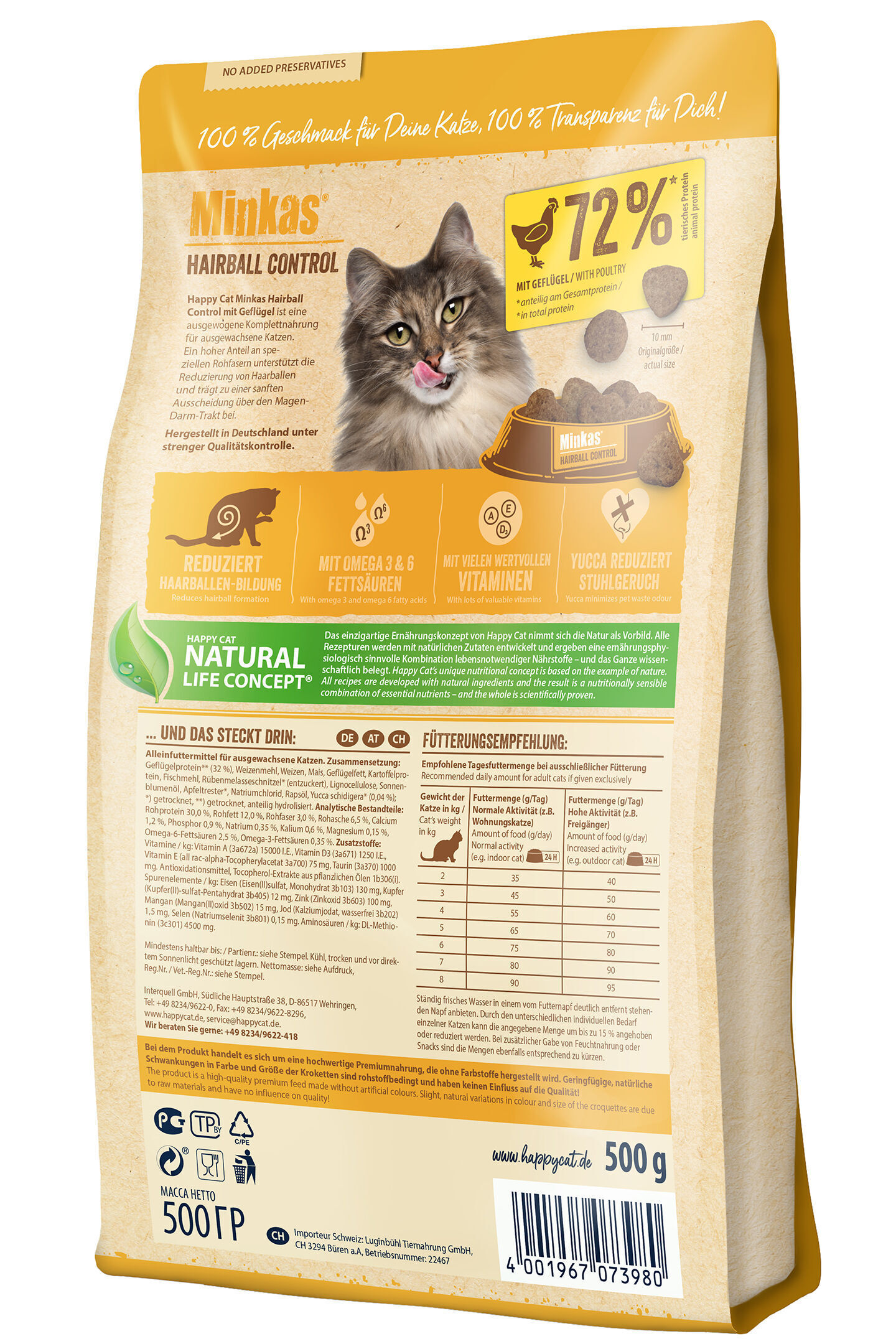 Verpackung für Katzenfutter mit einer Katze vorne, beworbene Haarballenkontrolle, 72% Geflügel, enthält Omega 3/6, Vitamine. Text informiert über Fütterungsempfehlung. Marke: Happy Cat.