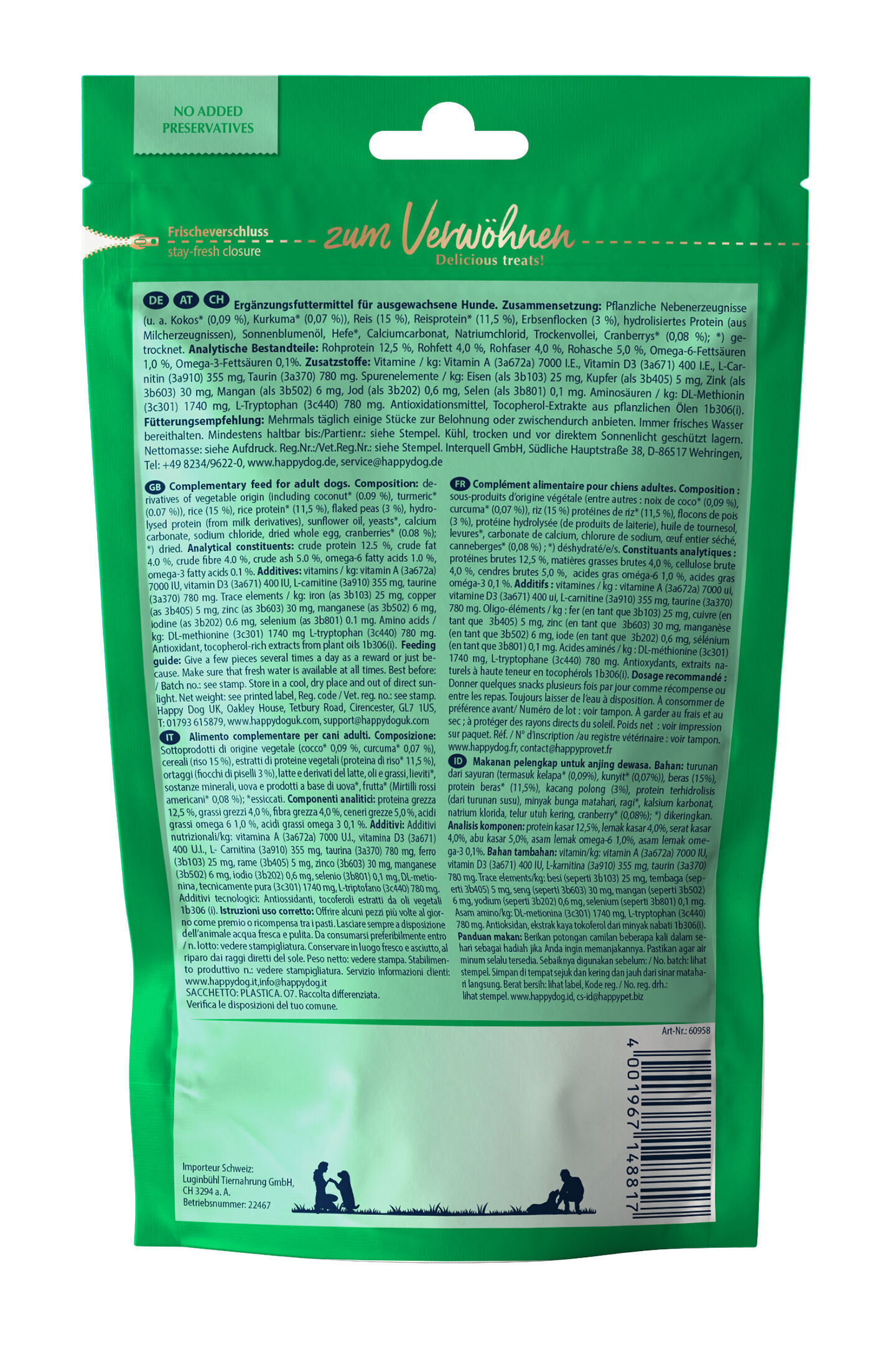 Grüne Verpackung von Happydog mit Textblöcken in mehreren Sprachen, beschreibt Zutaten und Fütterungsempfehlungen für Erwachsenenhunde. Oberer Rand hat einen Frischeverschluss.
