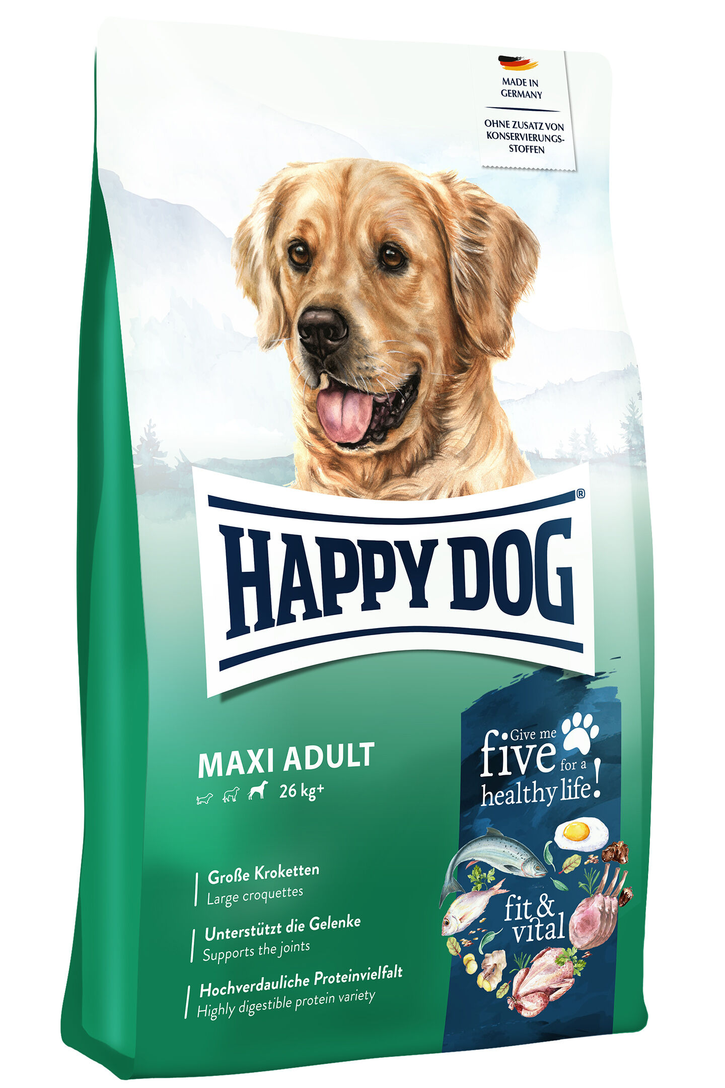 Ein grüner Beutel "Happydog" Hundefutter für große Hunde, zeigt einen lächelnden Hund, Text: „MAXI ADULT“, „Ohne Zusatz von Konservierungsstoffen“, unterstützt Gelenke, enthält hochwertige Proteine.