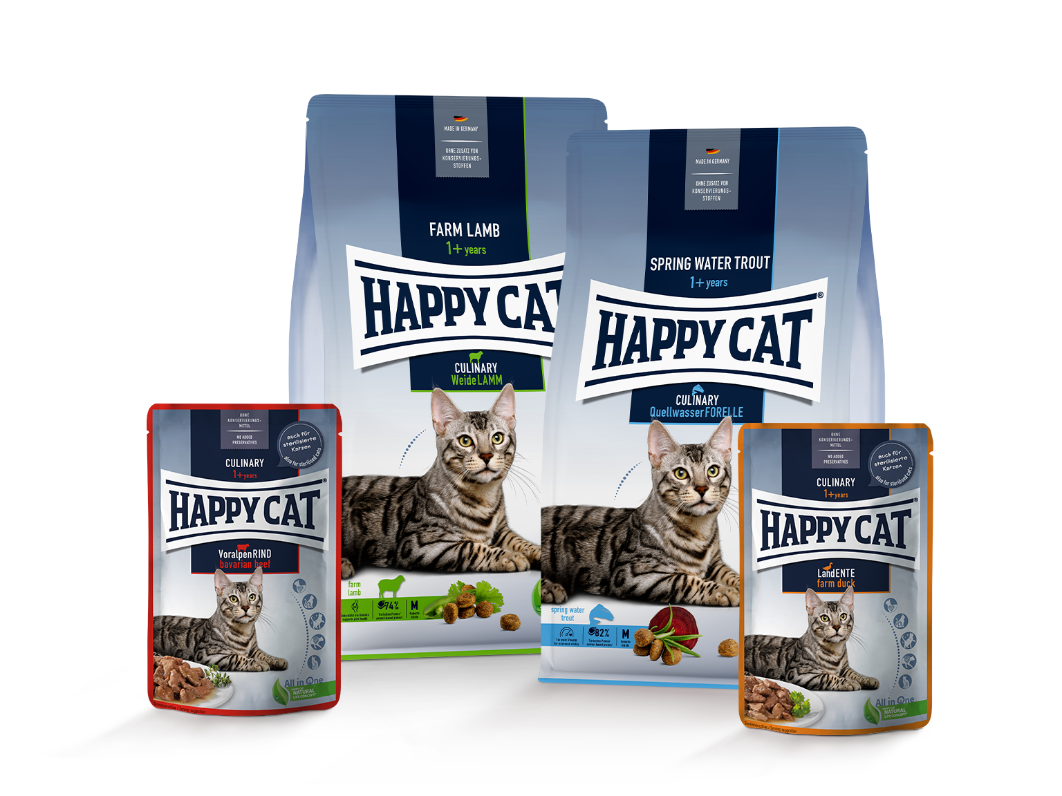 Zwei Happy Cat Culinary Trockenfutter und zwei Happy Cat Culinary Nassfutter