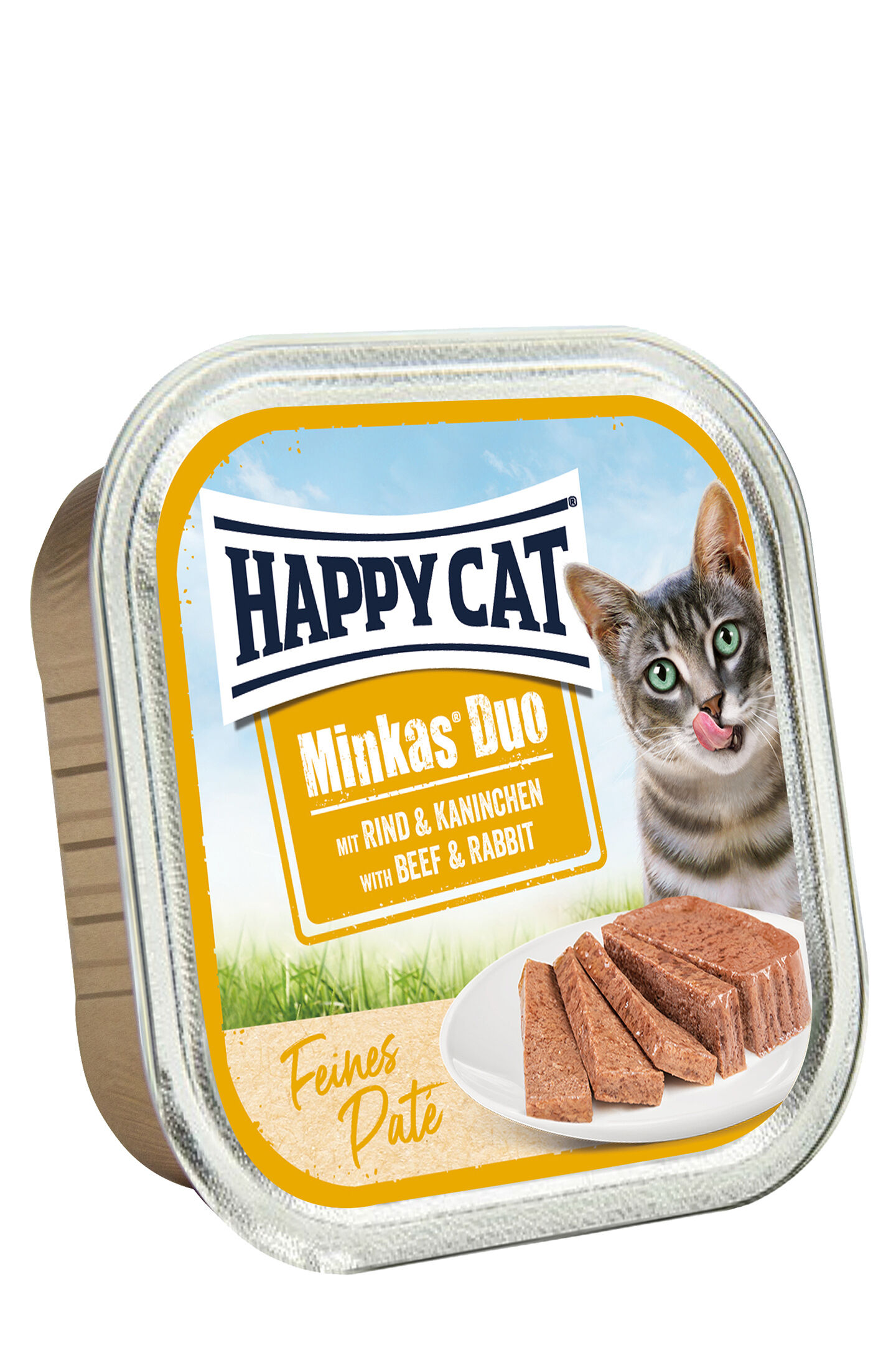 Eine Packung Katzennassfutter "Happy Cat Minkas Duo" mit Rind und Kaninchen wird abgebildet. Ein Katzenbild und Stücke Pastete sind auf dem Etikett zu sehen.