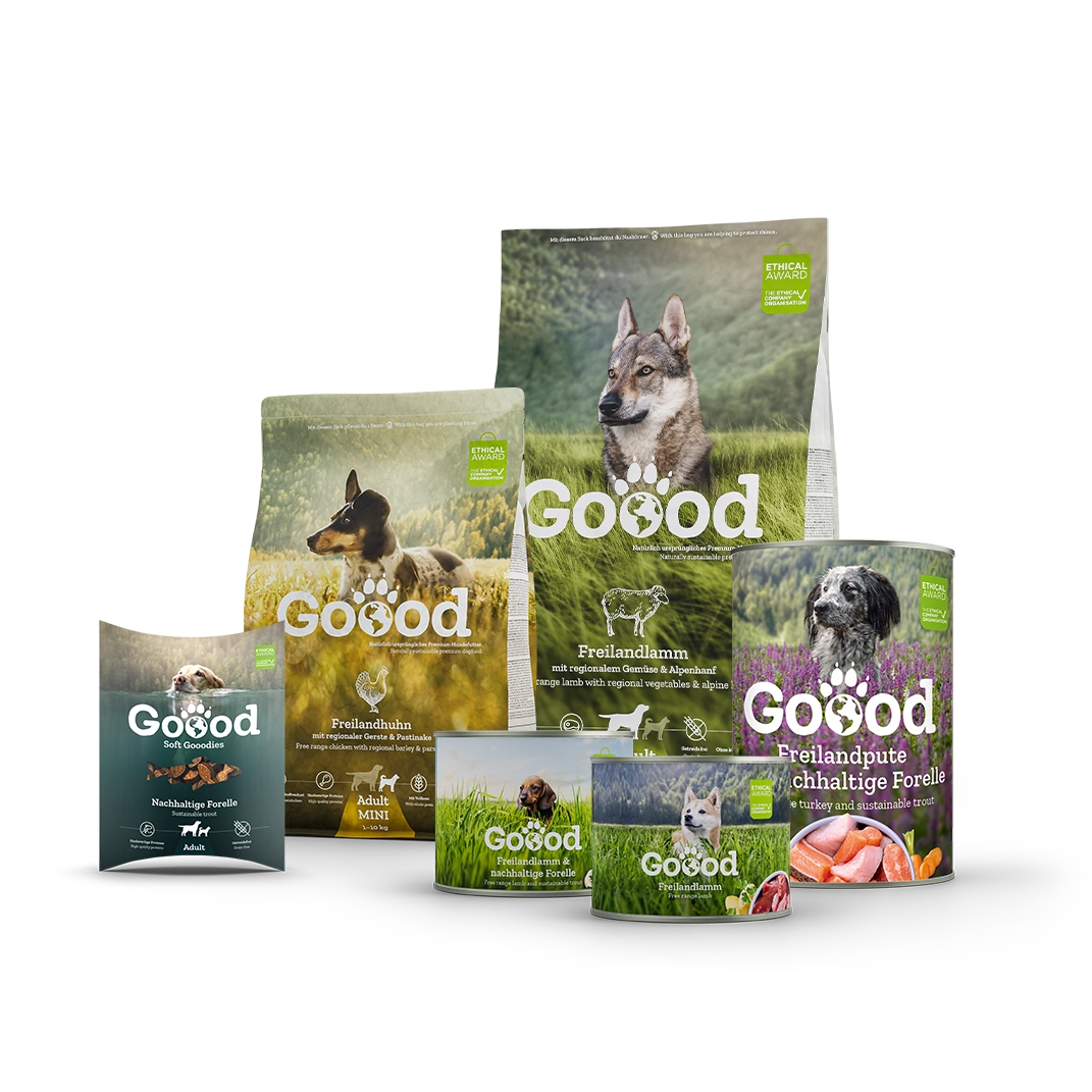 Verschiedene Hundefutter Produkte der Marke Goood.