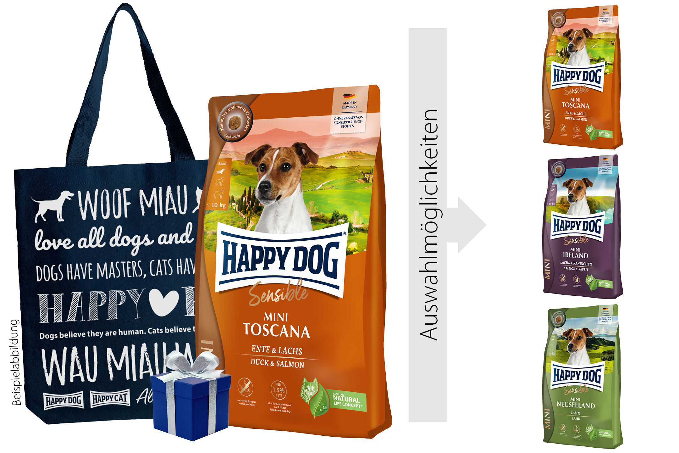 Tragetasche mit Text „Woof Miau“, Happy Dog Mini Toscana Hunde-Trockenfutter, Auswahlmöglichkeiten für verschiedene Sorten; Geschenkbox daneben.