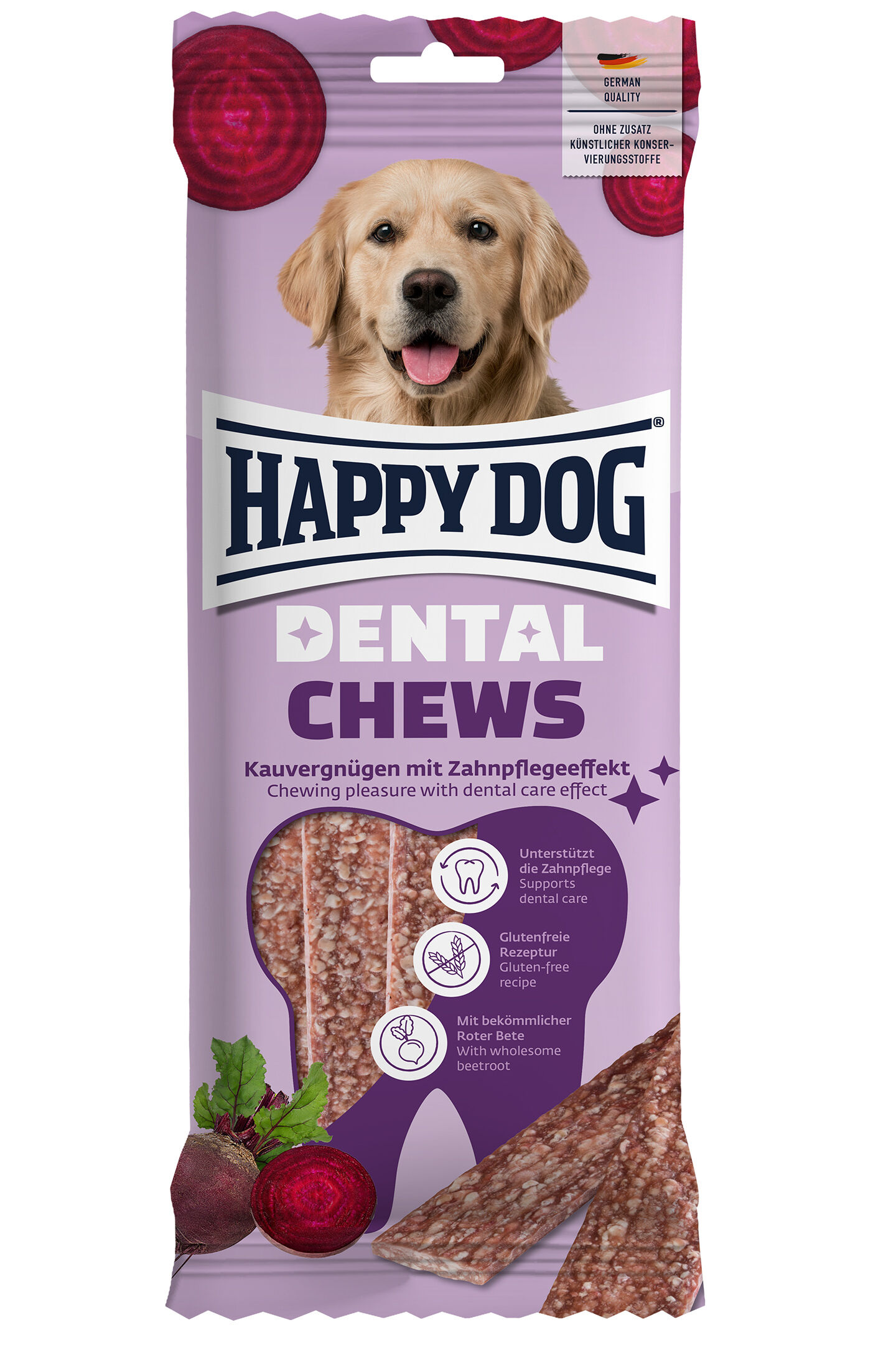Verpackungsvorderseite der Dental Chews Kaustangen von Happy Dog mit Zahnpflegeeffekt für Hunde