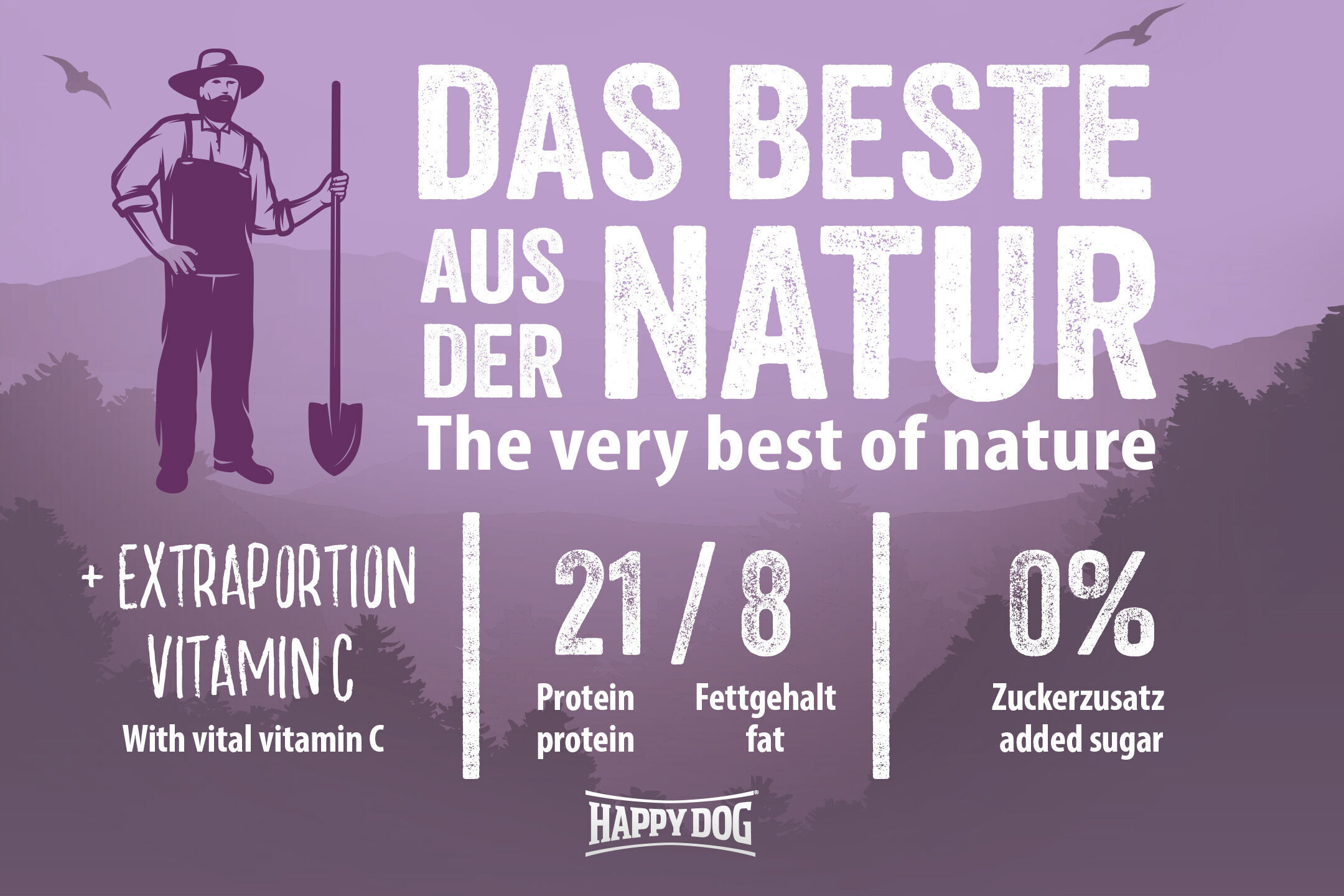 Illustration eines Mannes mit Schaufel vor Bergen, Text "DAS BESTE AUS DER NATUR", "EXTRAPORTION VITAMIN C", "21/8 Protein Fettgehalt", "0% Zuckerzusatz". Marke "Happydog" unten.