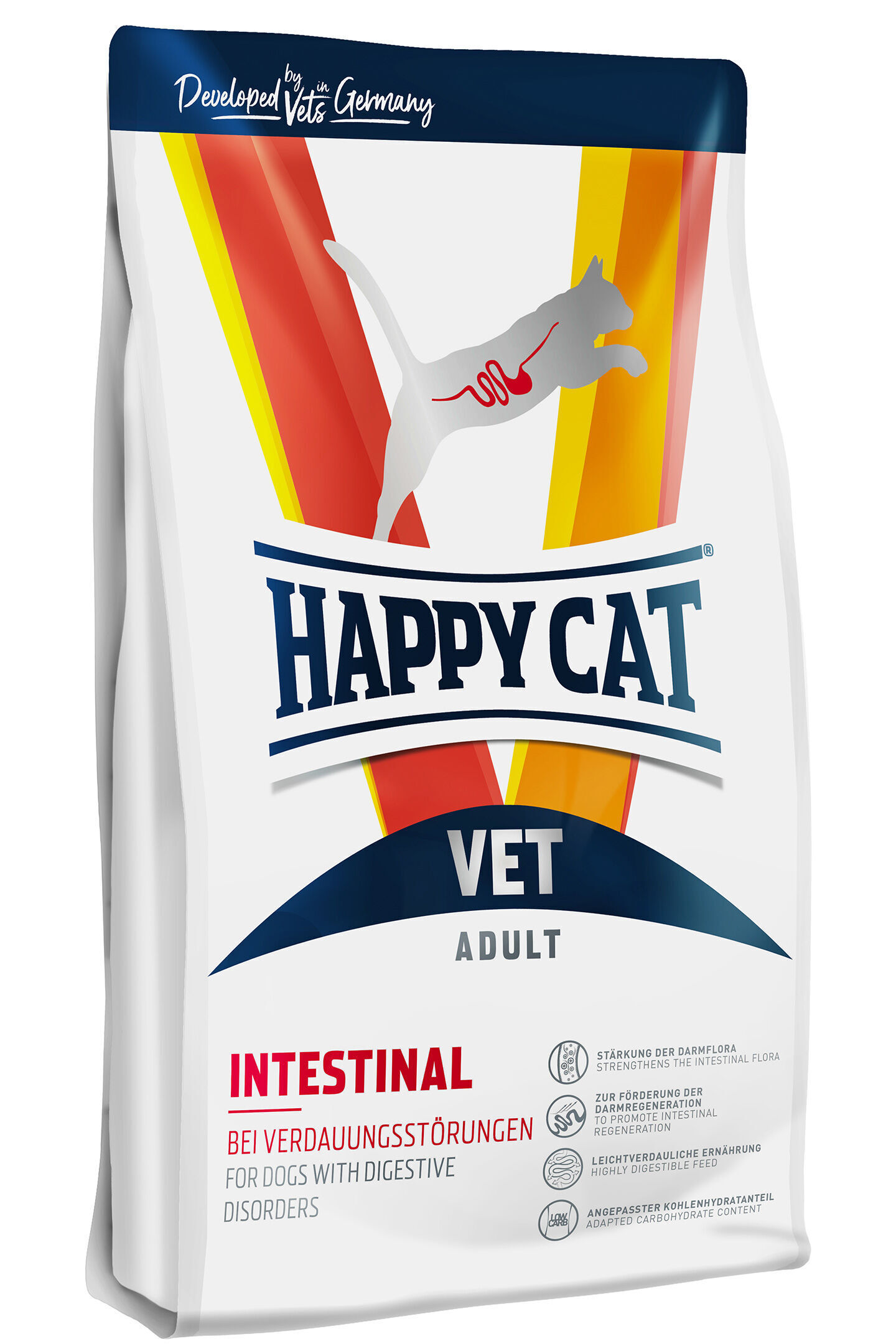 VET Diät Intestinal trocken Verpackung von "Happy Cat Vet Adult" mit Aufschrift "Intestinal bei Verdauungsstörungen", illustriert mit einem springenden Katzensymbol und Farbgestaltung in Rot, Gelb und Weiß.