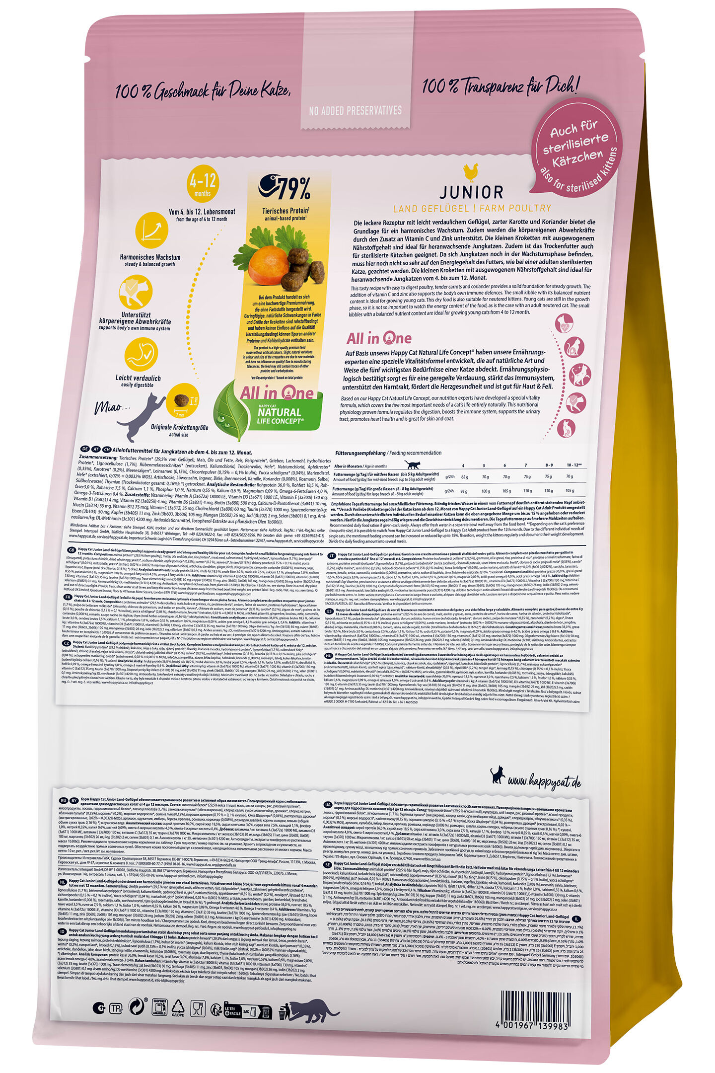 Verpackung für Katzenfutter der Marke Happycat zeigt informative Details über Inhaltsstoffe, Fütterungsempfehlungen und das "All in One Natural Life Concept." Enthält mehrere Sprachen.