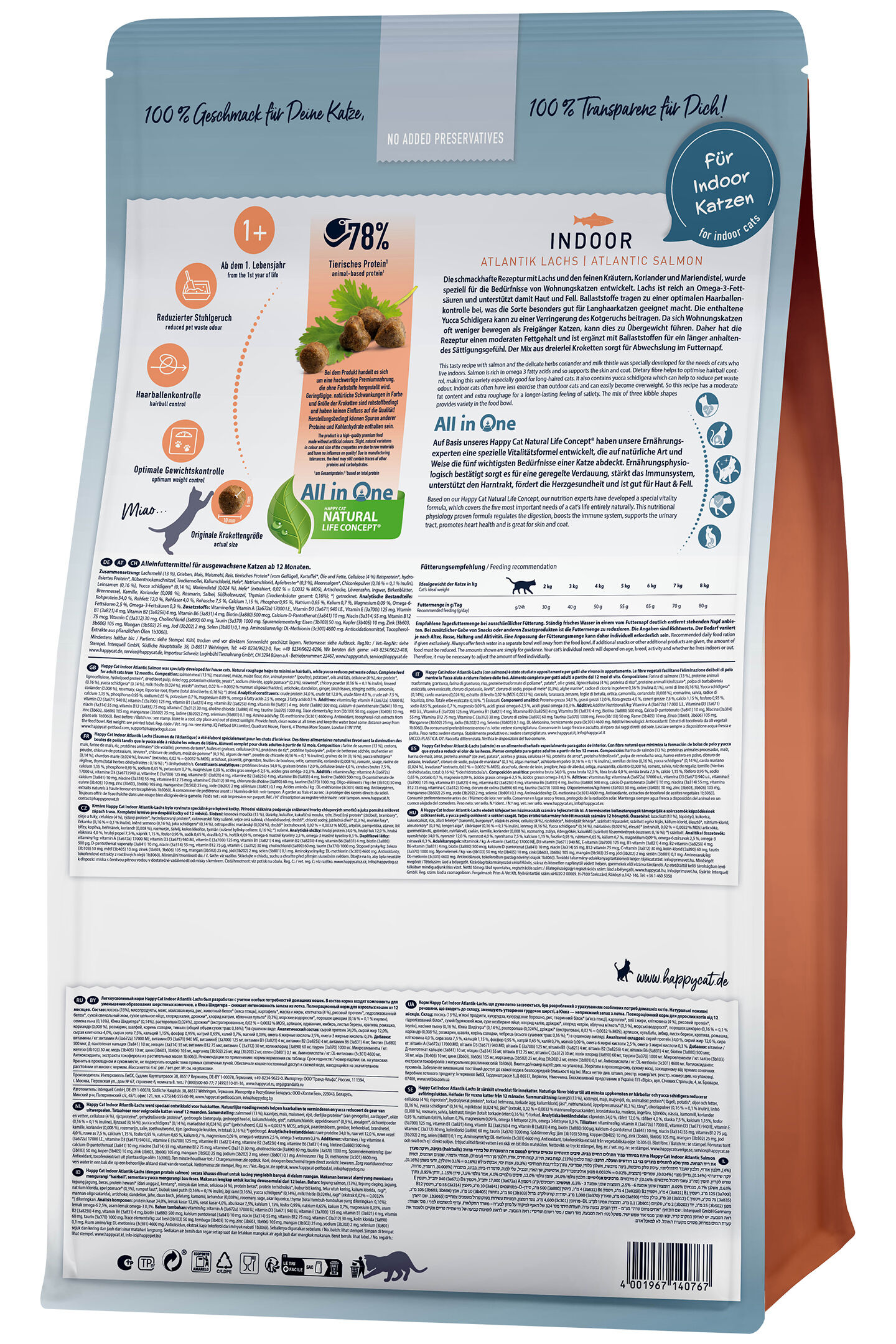 Verpackung von Katzennahrung für Indoor-Katzen mit Atlantik Lachs, bewirbt „All in One“ Konzept; enthält detaillierte Fütterungsempfehlungen und Ernährungsinformationen.